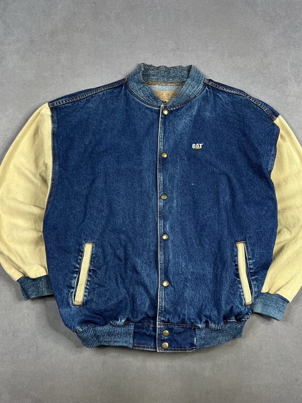 Vintage Cat Men's Denim Varsity Jacket Blue & Yellow XL Like New